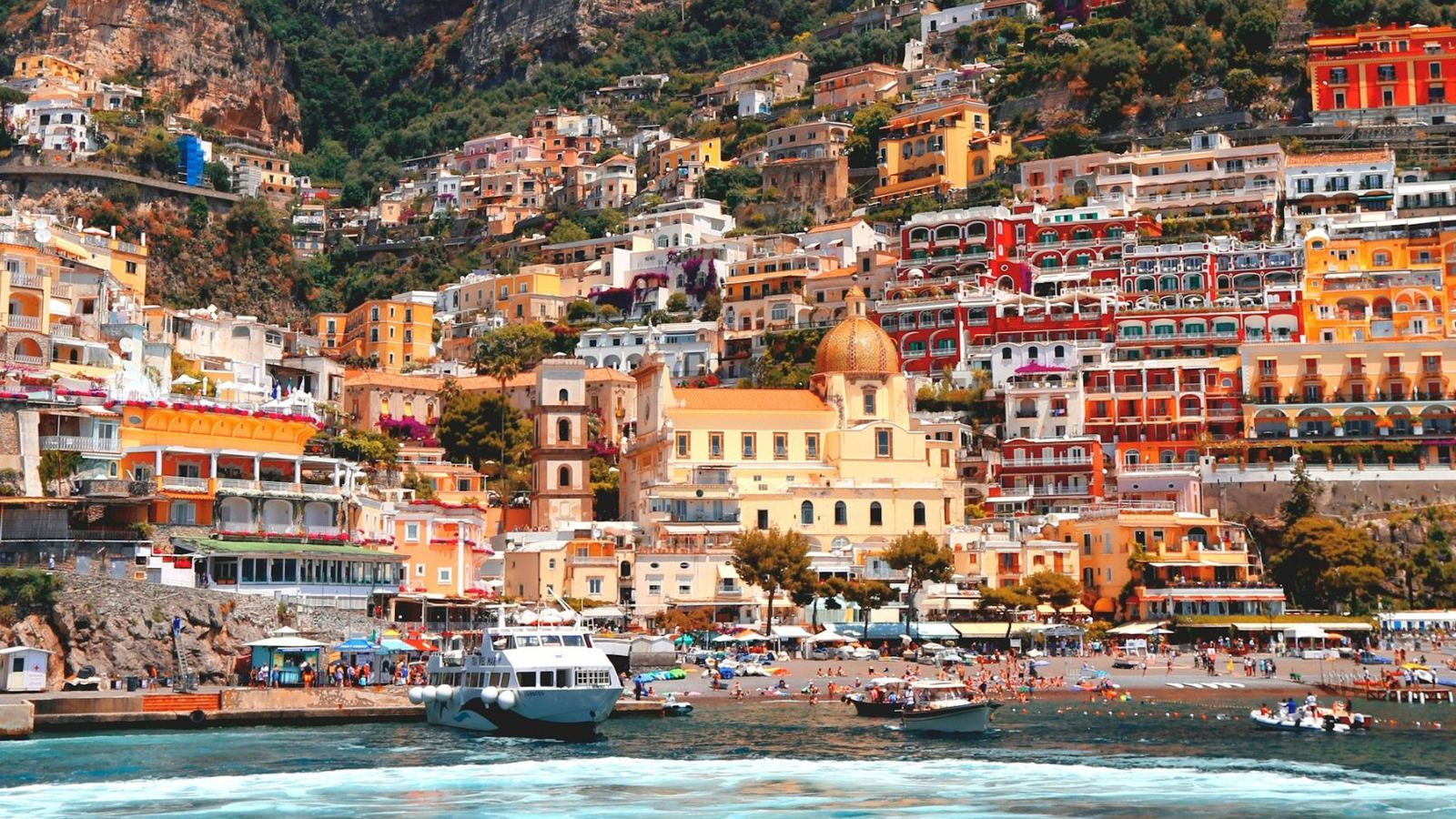 Colourful houses on the steep cliffside of Positano above the sea, on the Amalfi Coast, Italy